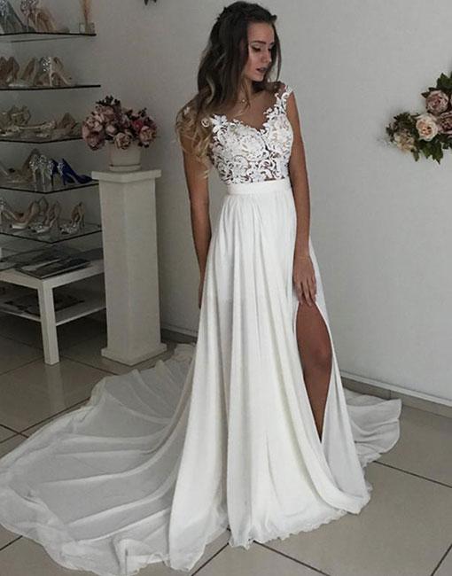 Cap Sleeves Prom Dresses Chiffon Wedding Dress With Slit Summer